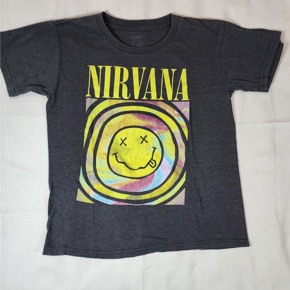 Nirvana Tie Dye Smiley Face Graphic T-Shirt Youth Small Charcoal Grey Rock Tee